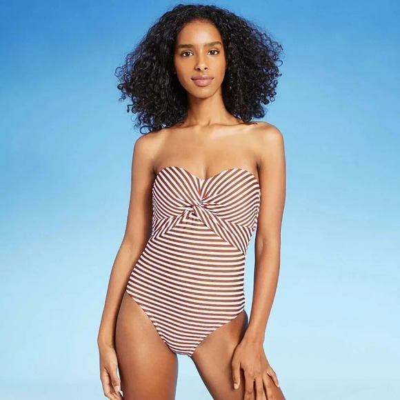 Kona Sol Swim Wear SM Burgundy Red Womens White Striped Strapless Beach New - Picture 1 of 4